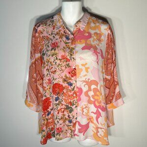 Pink Mixed Media Prints SZ 2X Button Front Shirt Boho Cottage Tunic Feminine